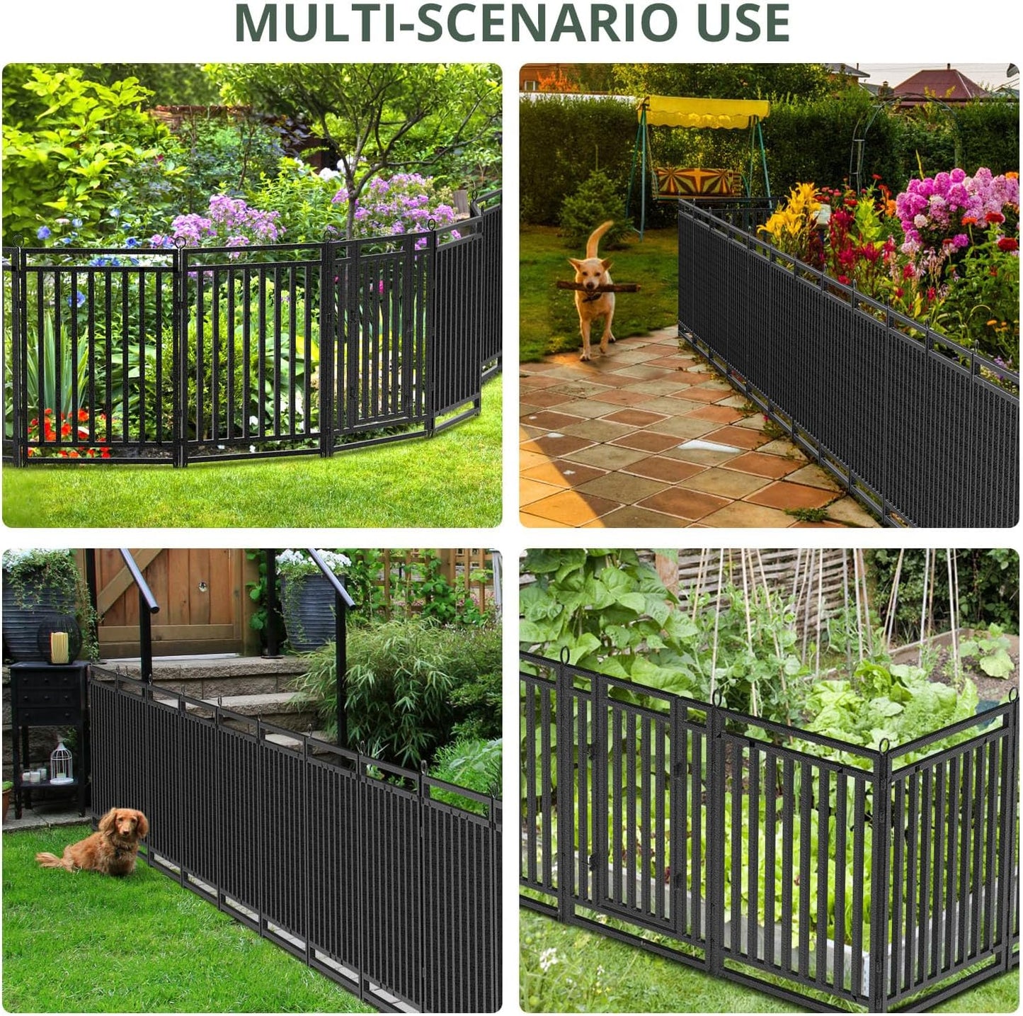 Decorative Garden Fence Metal Dog Fence Outdoor for Yard, 36ft (L) × 32in (H), 14 Panels + 2 Gates, Rustproof Animal Barrier Fencing for Patio & Flower Bed, No Dig, Black-Silver