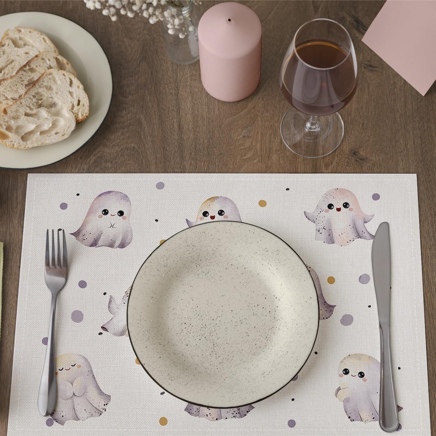 Halloween Placemats Set of 4, Cute Ghost Table Mat for Home Kitchen, Restaurants, Outdoor Linen Washable Place Mats 12x18 inch Party Event Dining Decoration-14