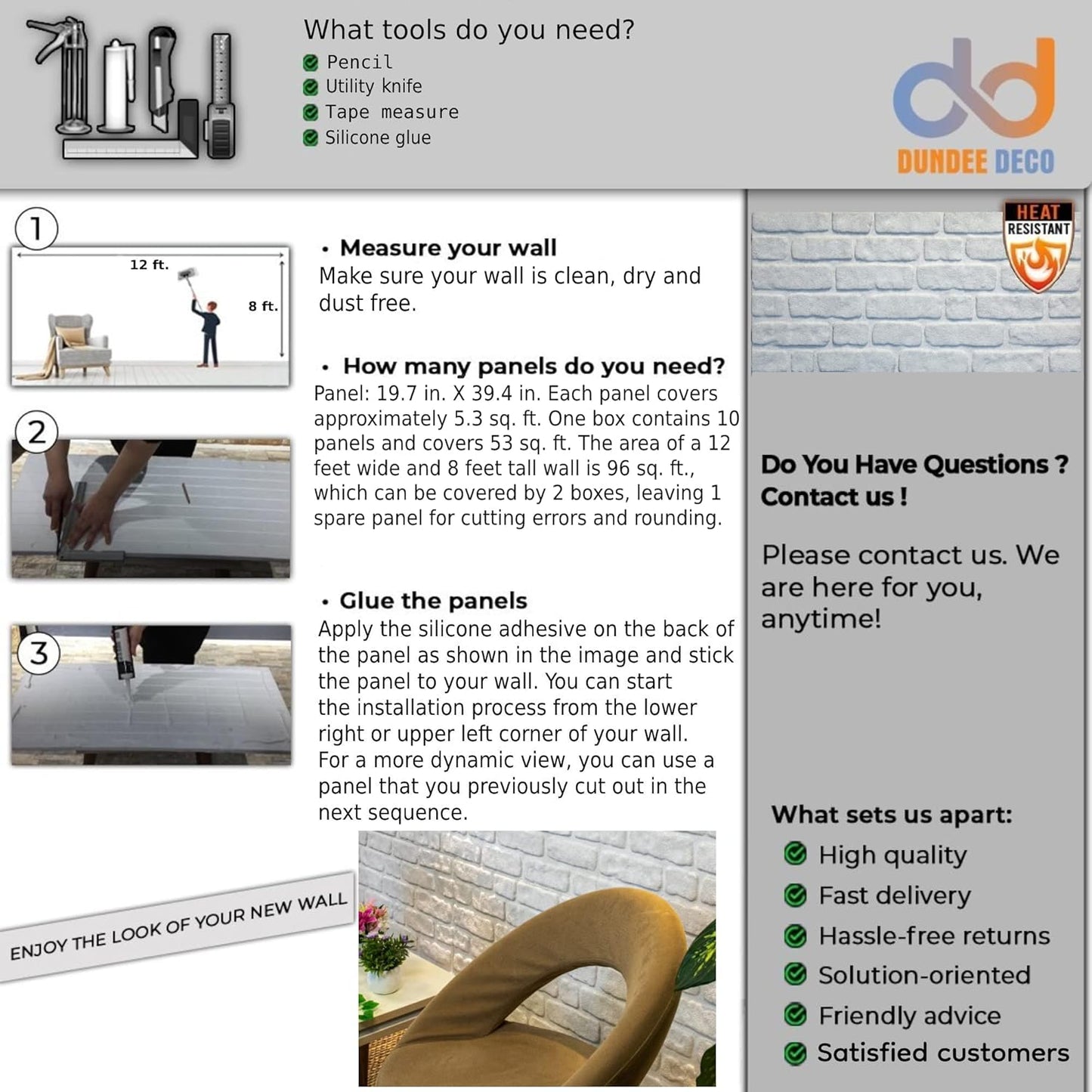 Dundee Deco 3D Wall Panels Faux Brick - Cladding White Stone Look Wall Paneling, Styrofoam, Sample, Size 10 x 10 in.