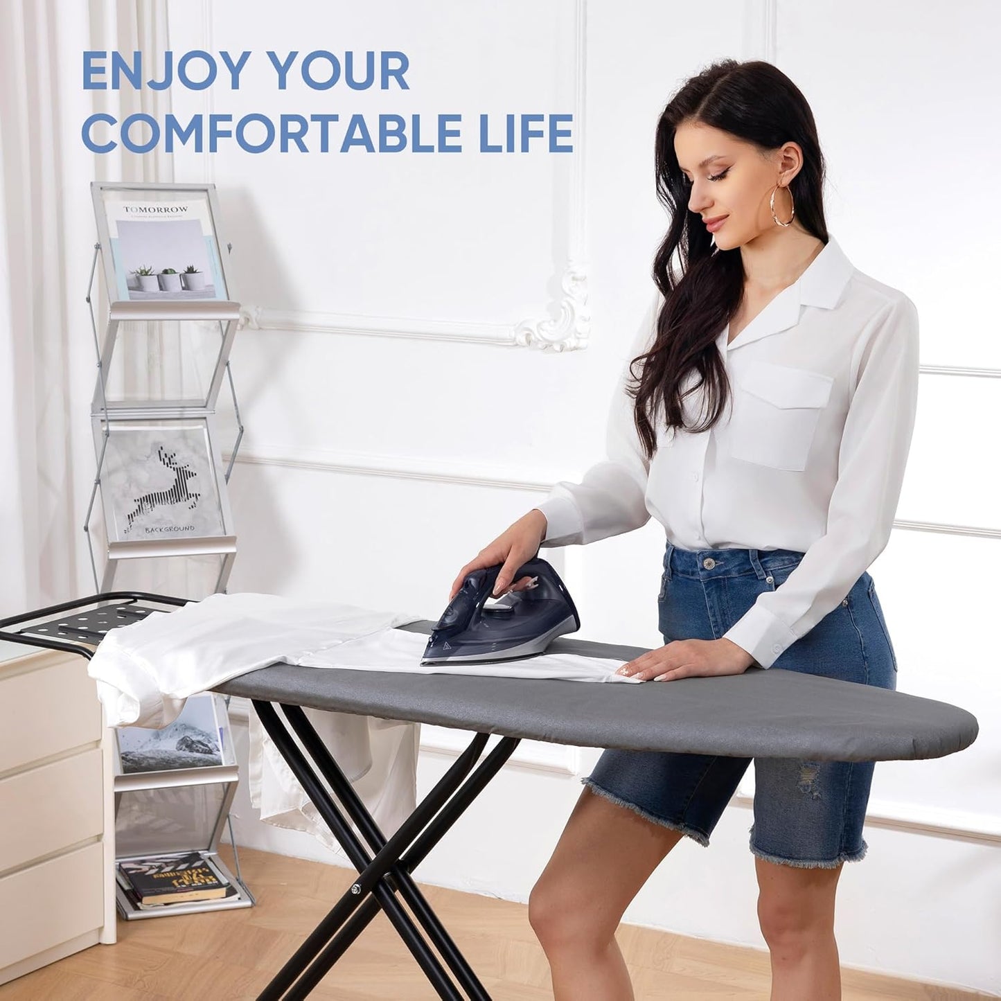 Full Size Ironing Board 47" X 15" with Heat Resistant Cover and Thicken Felt Pad, Safety Iron Rest, Anti-Skid Feet, Height Adjustable, Heavy Duty