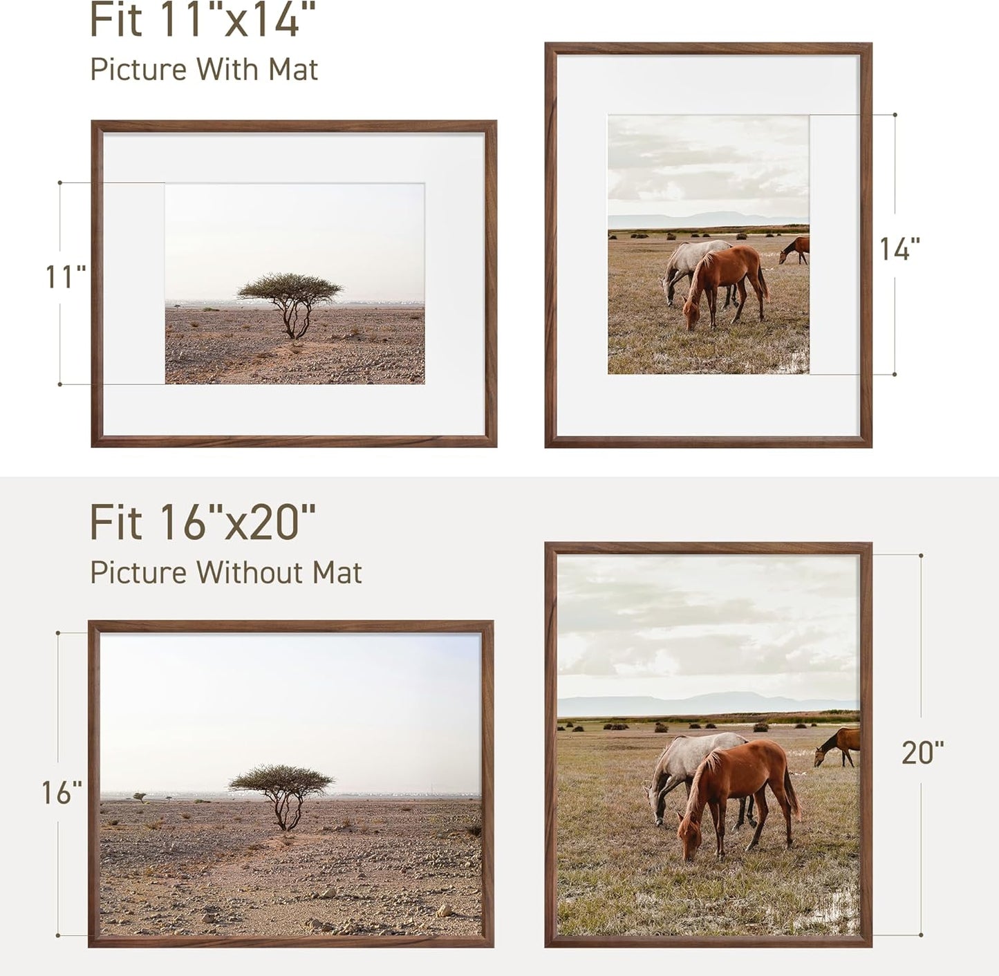 16x20 Picture Frame Set of 4 Natural Solid Walnut Photo Frames with 11x14 Removable Mat Wall Hanging Large Handcrafted Frame with HD Plexiglass Wall and Tabletop Display Large Poster Frame