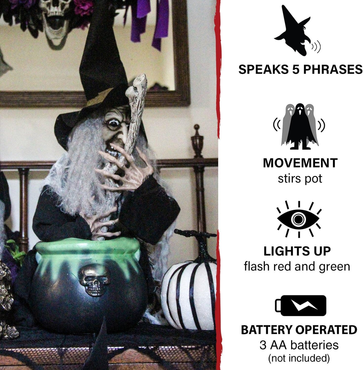 Haunted Hill Farm Scary Talking Witch with Cauldron Halloween Animatronic, Indoor or Covered Outdoor Halloween Decorations with Light up Eyes and Sound, Battery Operated Halloween Props for Home