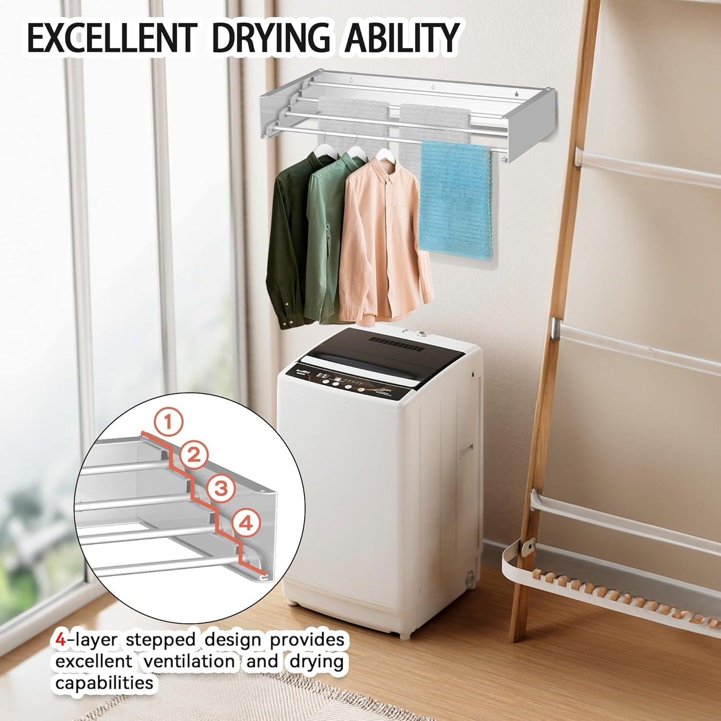 FOCHIER F Laundry Drying Rack Wall Mounted Clothes Drying Rack Collapsible with 4 Aluminum Rods and Drilling Template Long Screwdriver Bit 60 lbs Capacity (White, 23.6")
