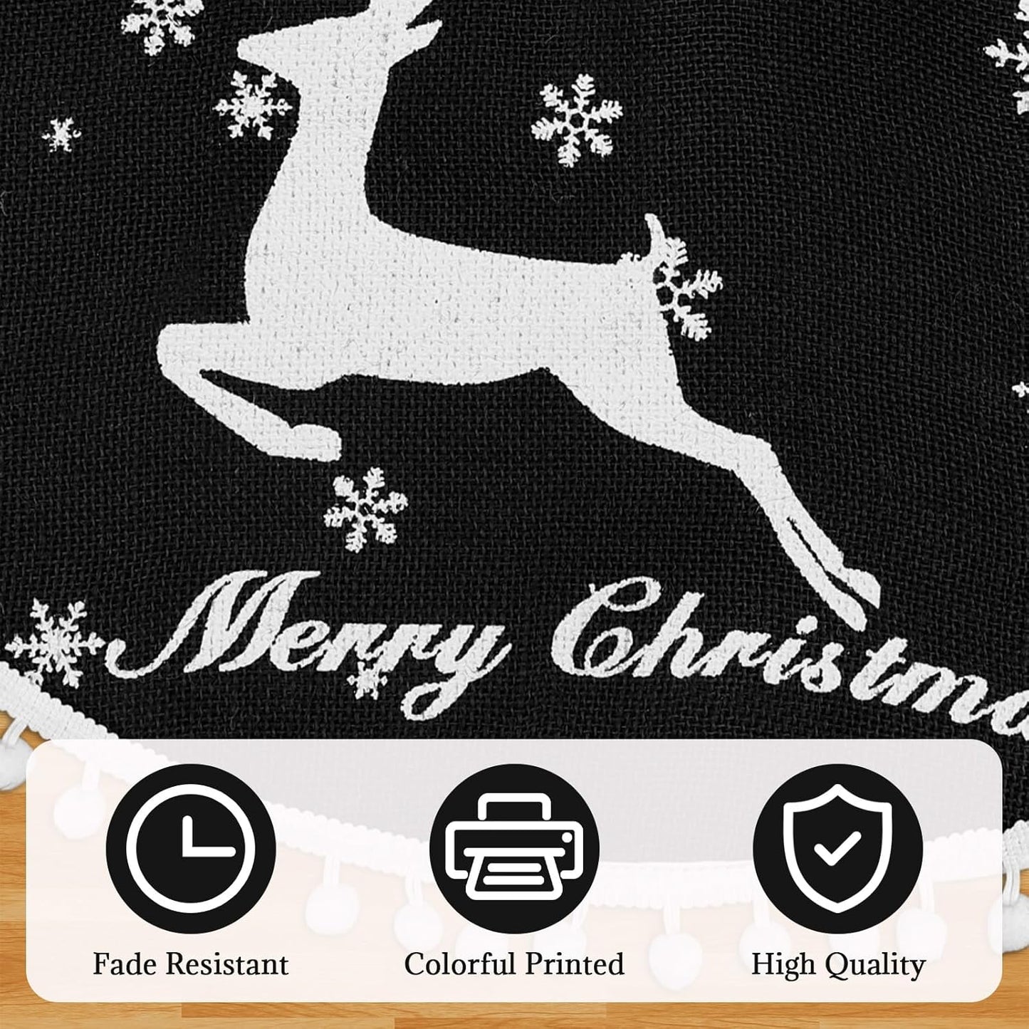 36 Inch Christmas Tree Skirt, Burlap Black Christmas Rustic Tree Skirt with Elk Deer and White Snowflake Printed for Holiday Party Xmas Tree Decoration