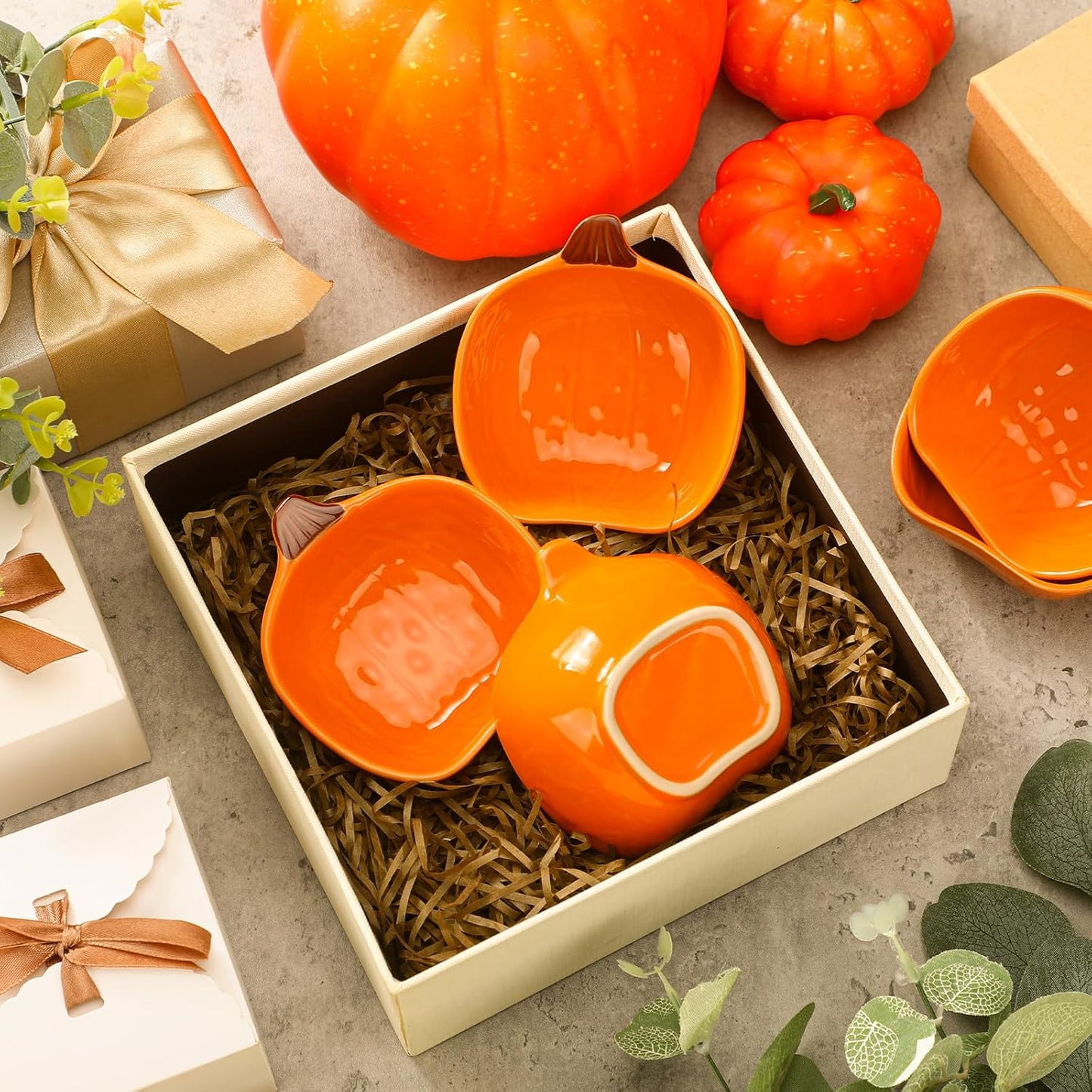 Dandat Fall Ramekins 6 oz Oven Safe Pumpkin Ceramic Ramekins Small Creme Brulee Dishes Dipping Pumpkin Baking Dish Shaped Bowl Plates for Serving Dip, Sauce, Condiments and Snack(8 Pcs)