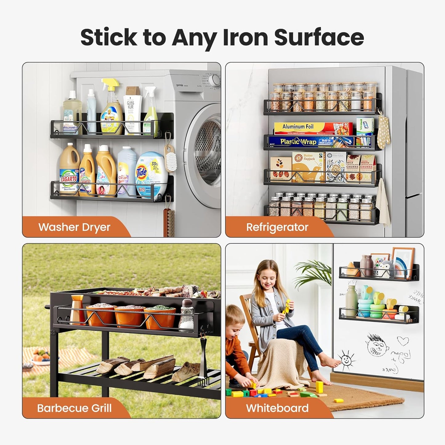 16.9 Inch Wide Large Capacity Magnetic Spice Rack for Refrigerator, 4 Pack Metal Fridge Shelf, Black