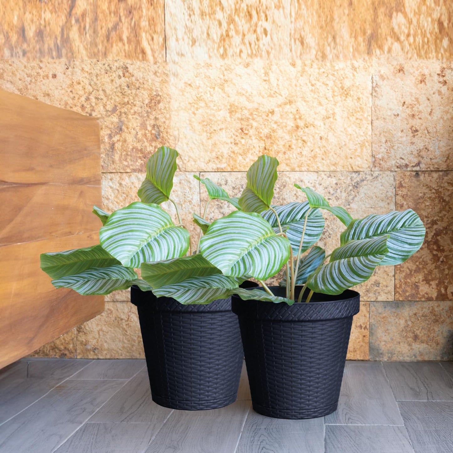 Elly Décor Set of 2 12 inch Round Saucer Modern Self Watering Planter Plates, Pots with Rattan-Like Finish, 12x12 Gray