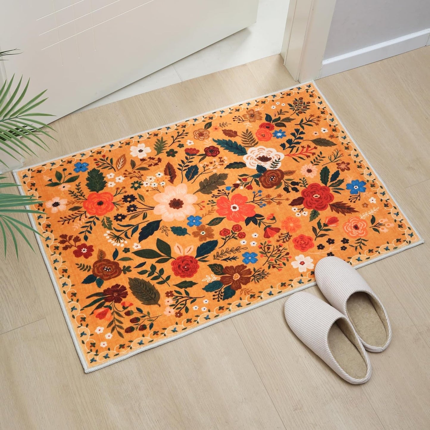 Door Mat Indoor Entrance 2x3 Rug Machine Washable Boho Floral Small Area Rug Non-Slip Low Pile Throw Rugs for Entryway, Kitchen, Front Door Indoor Entrance, Entry, Kids Room (Yellow)