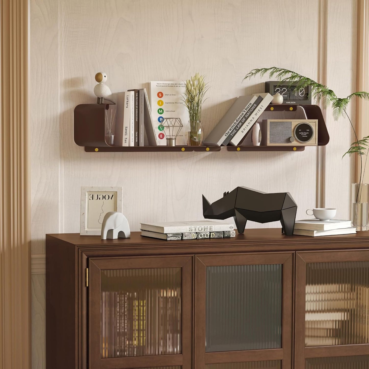 Floating Shelves, Wall Shelf, Set of 3 Wall Mounted Metal Shelves with Unique Design for Wall Storage, Book Shelf, Display Shelves for Bathroom Bedroom Kitchen Living Room for Home Brown