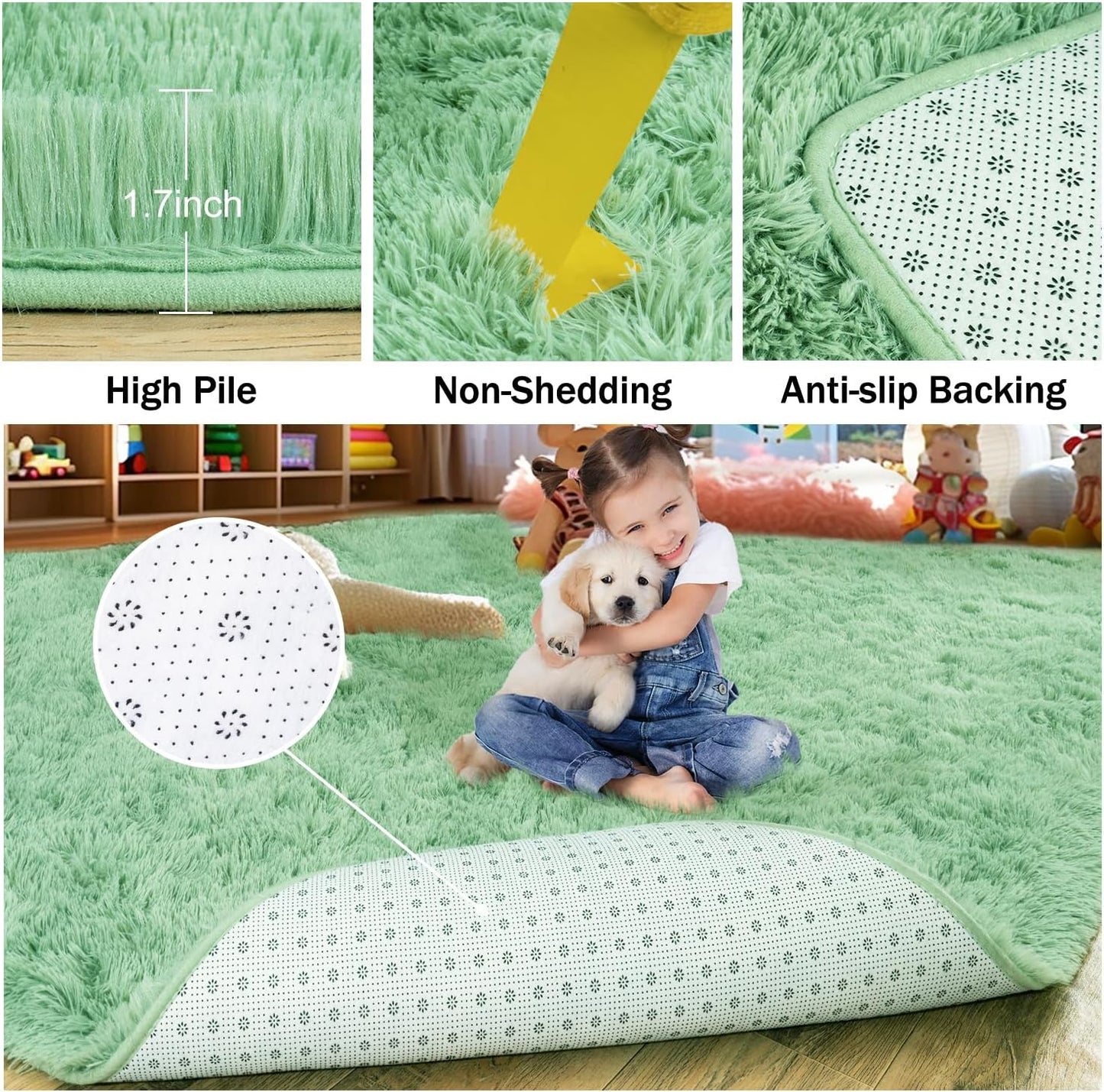 Extra Large Fluffy Area Rug for Bedroom Living Room, 9x12 Feet Sage Green Modern Indoor Carpets Room Colorful Rugs, Plush Indoor Nursery Classroom Home Decor Bedside Rug with Non-Slip Bottom