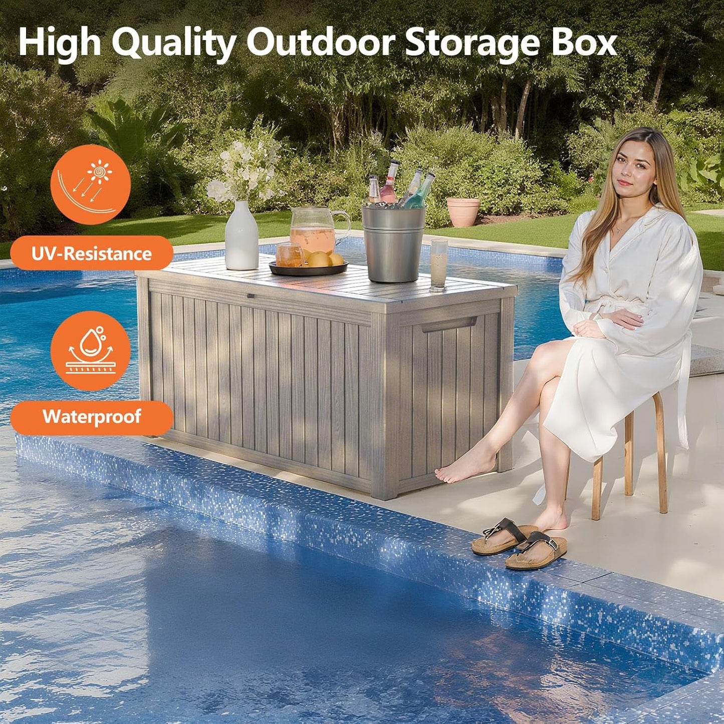 180 Gallon Outdoor Storage Box - Waterproof Resin Deck Box for Patio Cushions & Garden Tools - Lockable & Durable Outdoor Storage Bin - Stylish Grey Design