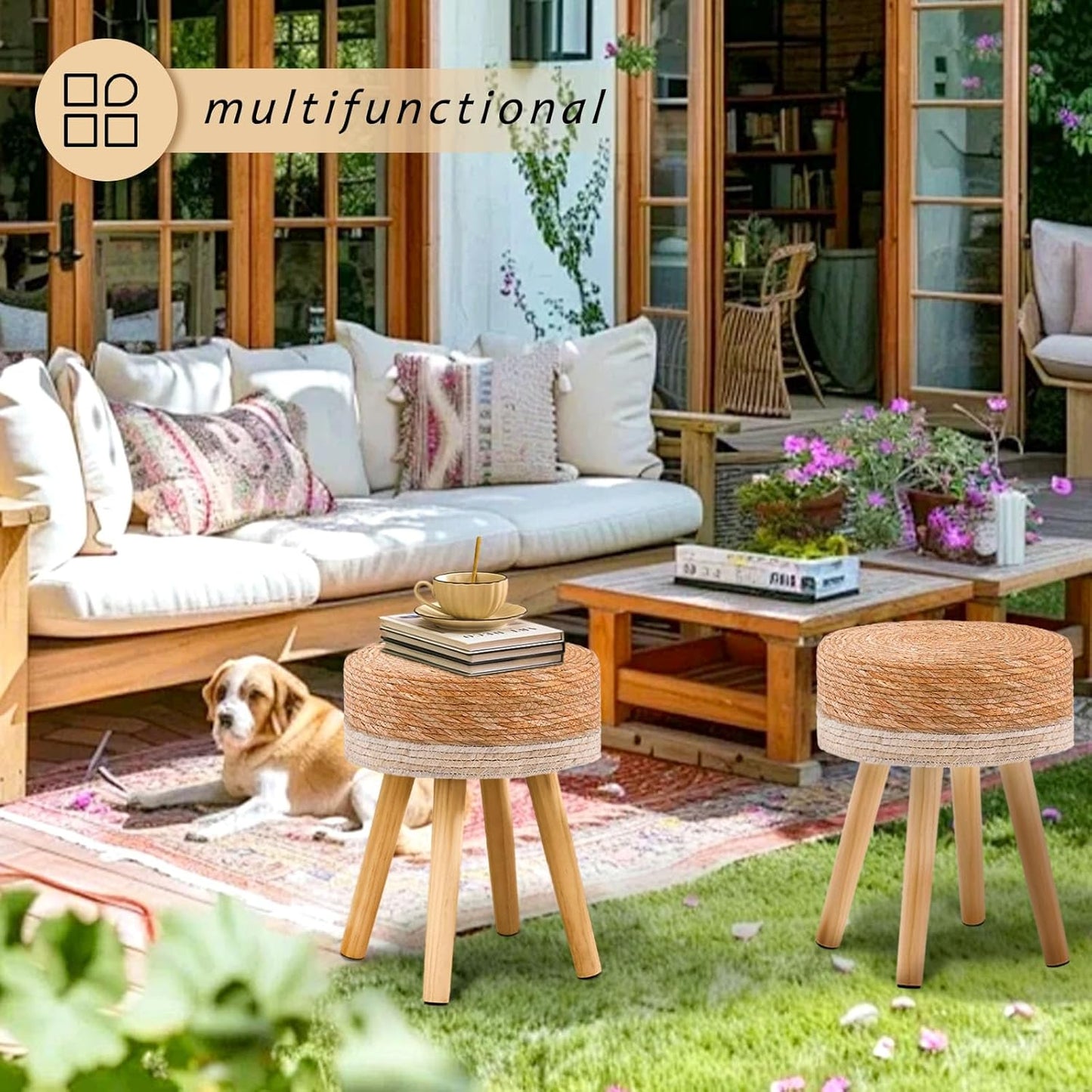 Handwoven Outdoor Ottoman, Water Hyacinth Pouf Round Patio Footstool with Wood Legs, 17-Inch Multipurpose Vanity Stool, Dining Chair, Patio Footrest for Balcony and Garden, White