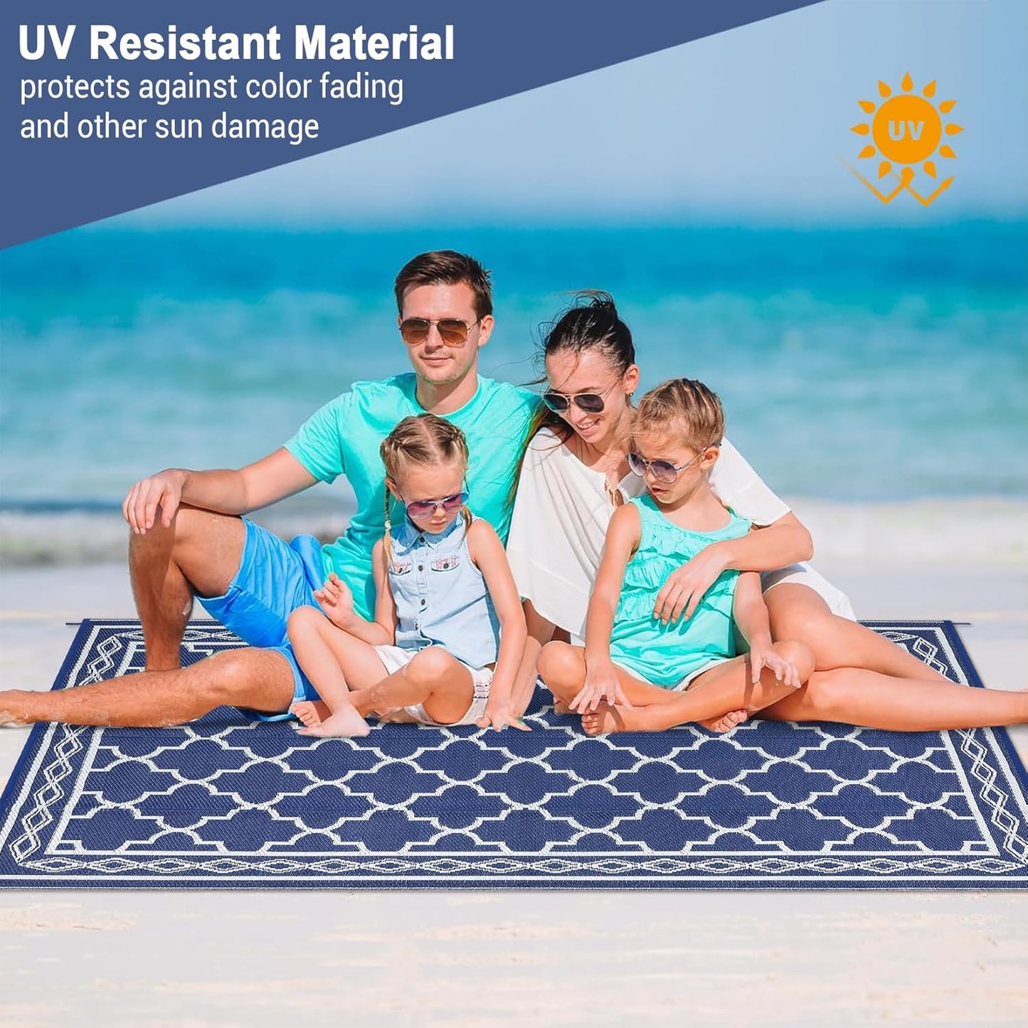 GAOMON Outdoor Plastic Straw Rug, 10'x20' Reversible Sage Green Patio Mat, Flower Modern Design for RV, Backyard, Deck, Camping, Picnic, Navy/White(Geometric)