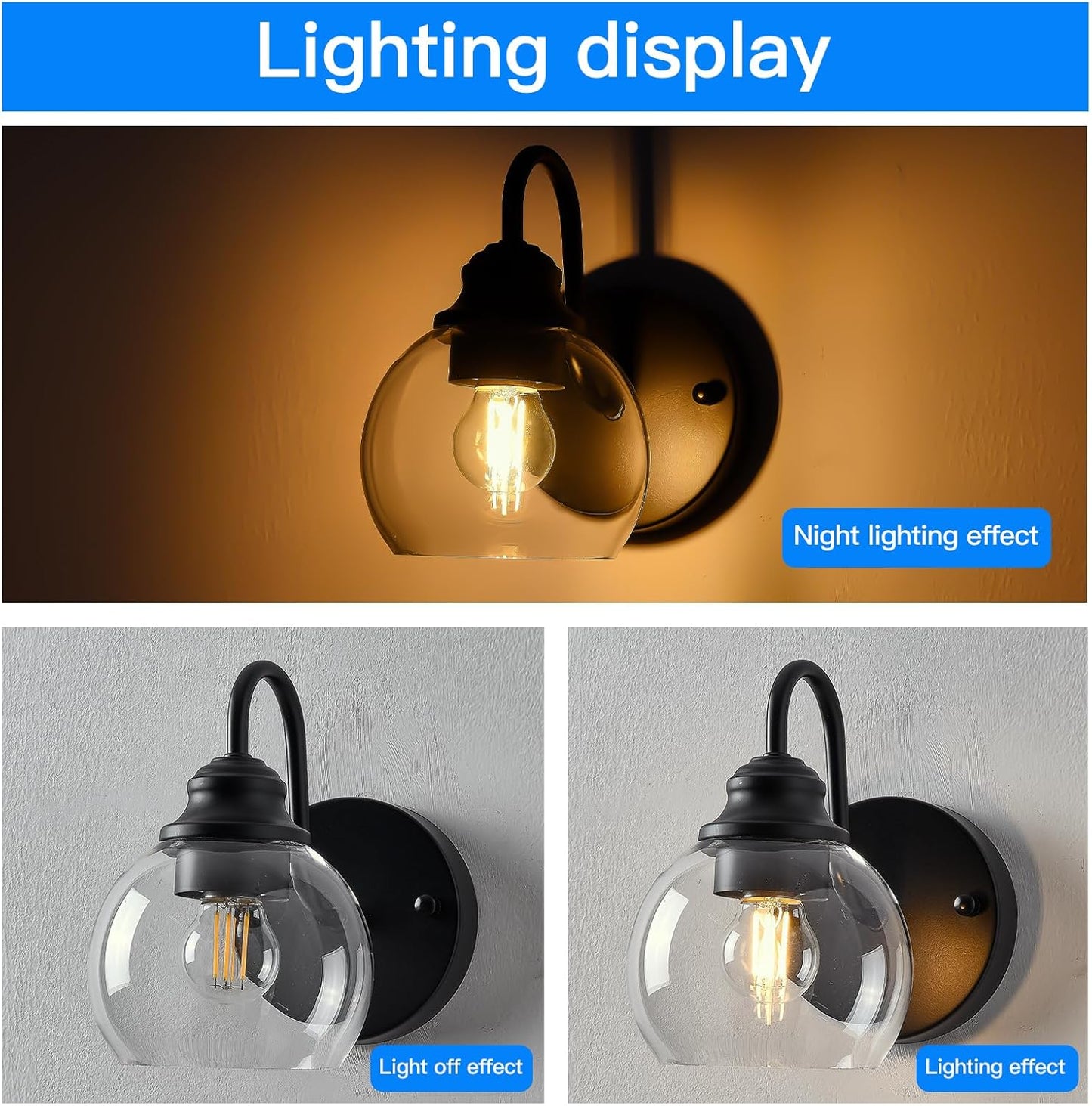 Farmhouse Gooseneck Wall Sconces Set of Two, Bathroom Vintage Black Vanity Light, Rustic Indoor Wall Light Fixtures with Clear Glass for Bathroom Beside Mirror Living Room Hallway