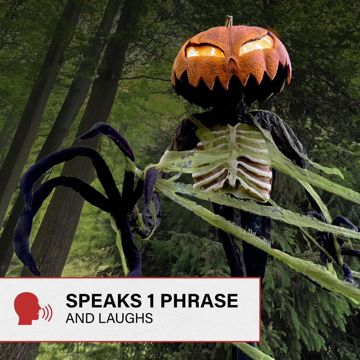 Haunted Hill Farm Pumpkin Sentinel by Tekky, Battery-Operated, Motion and Sound Activated Animatronic with Sound Effects and Lights for Indoor or Covered Outdoor Creepy Halloween Decoration