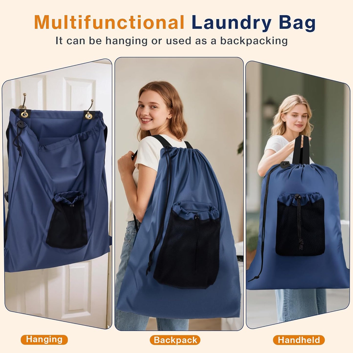 2-Pack Backpack Laundry Bags, Heavy Duty Laundry Bag Backpacks with Adjustable Shoulder Straps, Door Hanging Washing Bag, Laundry Hamper Lining for College Dorm, Travel, Laundromat