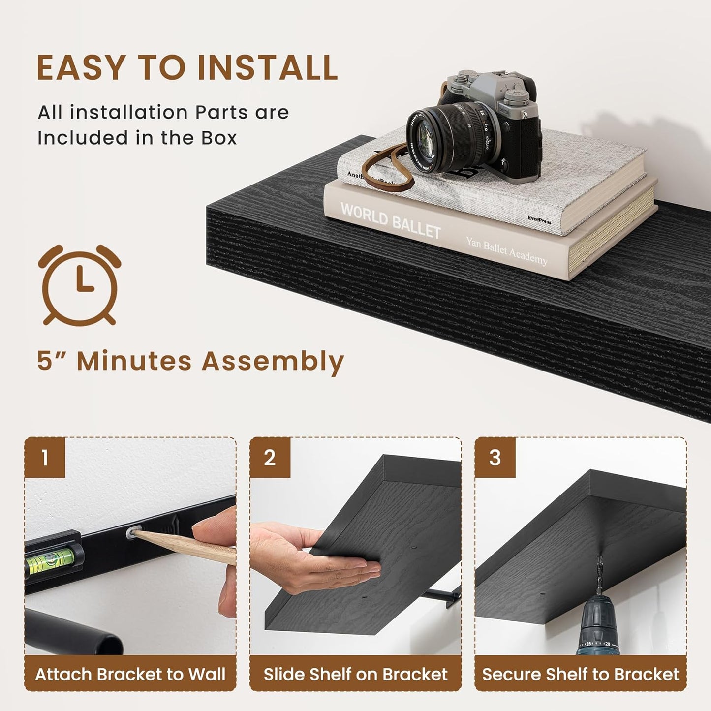 fuqing Floating Shelves for Wall, Bathroom Shelf Wall Mounted for Storage, Shelves with Invisible Bracket for Bedroom, Kitchen, Living Room, Farmhouse Small Book Shelf, 48 Inch Set of 2, Black