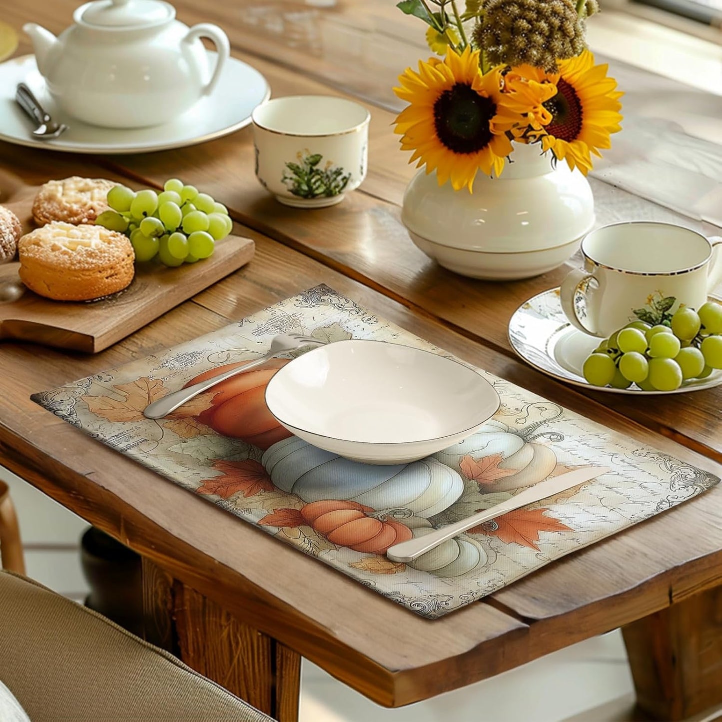 Fall Pumpkin Placemats Set of 4 Vintage Autumn Maple Leaf Seasonal Place Mats 12x18 Inch Thanksgiving Farmhouse Linen Fabric Table Mats for Party Kitchen Dining Outdoor Indoor Decor