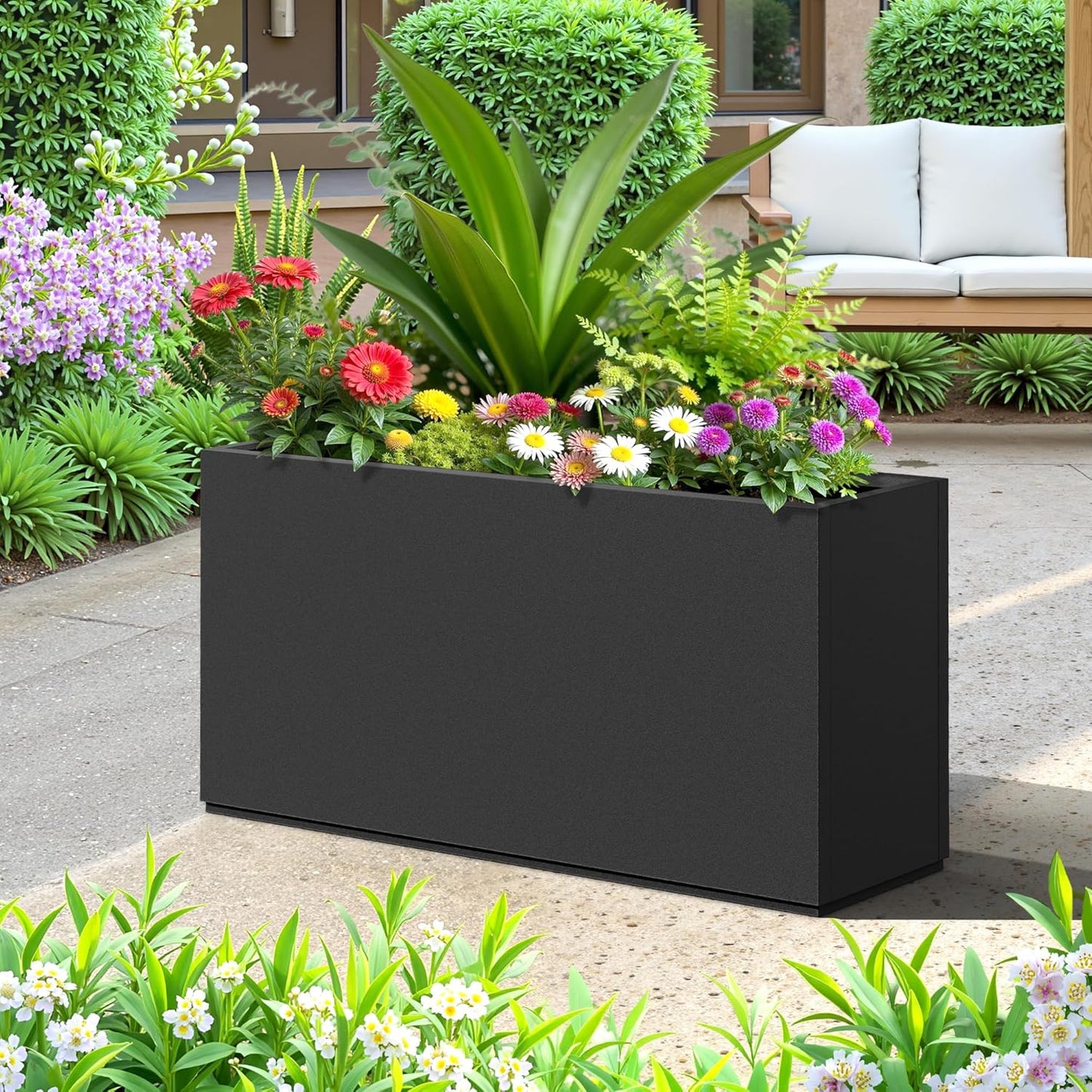 FENCY Metal Rectangular Planter Box, Large Planters for Outdoor Plants, Tall Planters for Outdoor Plants with Drainage Holes (32" L x 10" W x 16.3" H,Black)