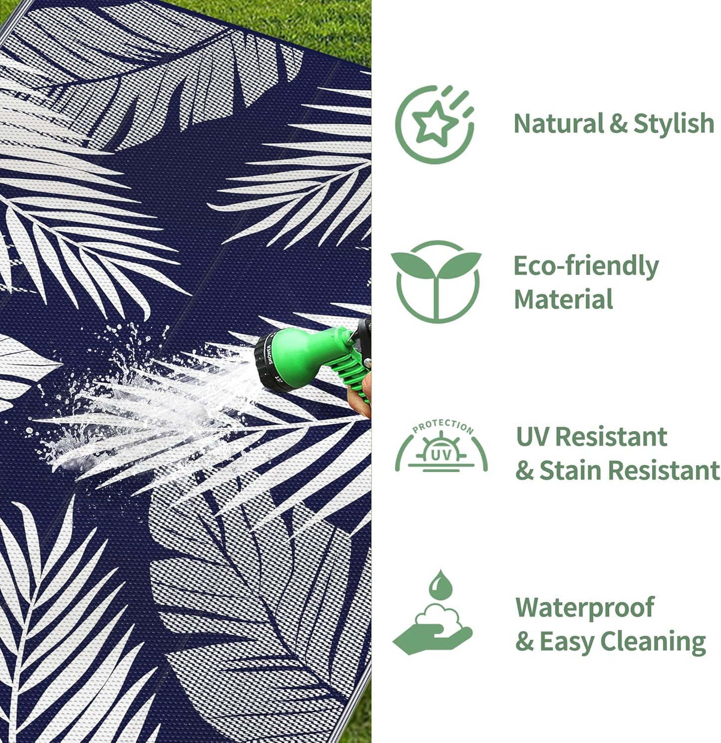 GENIMO Outdoor Rug 10' x 14' Waterproof for Patios Clearance, Reversible Outdoor Plastic Straw Camping Rug Carpet, Large Area Rugs Mats for RV, Camper, Deck, Balcony, Porch, Beach, Navy Blue&White