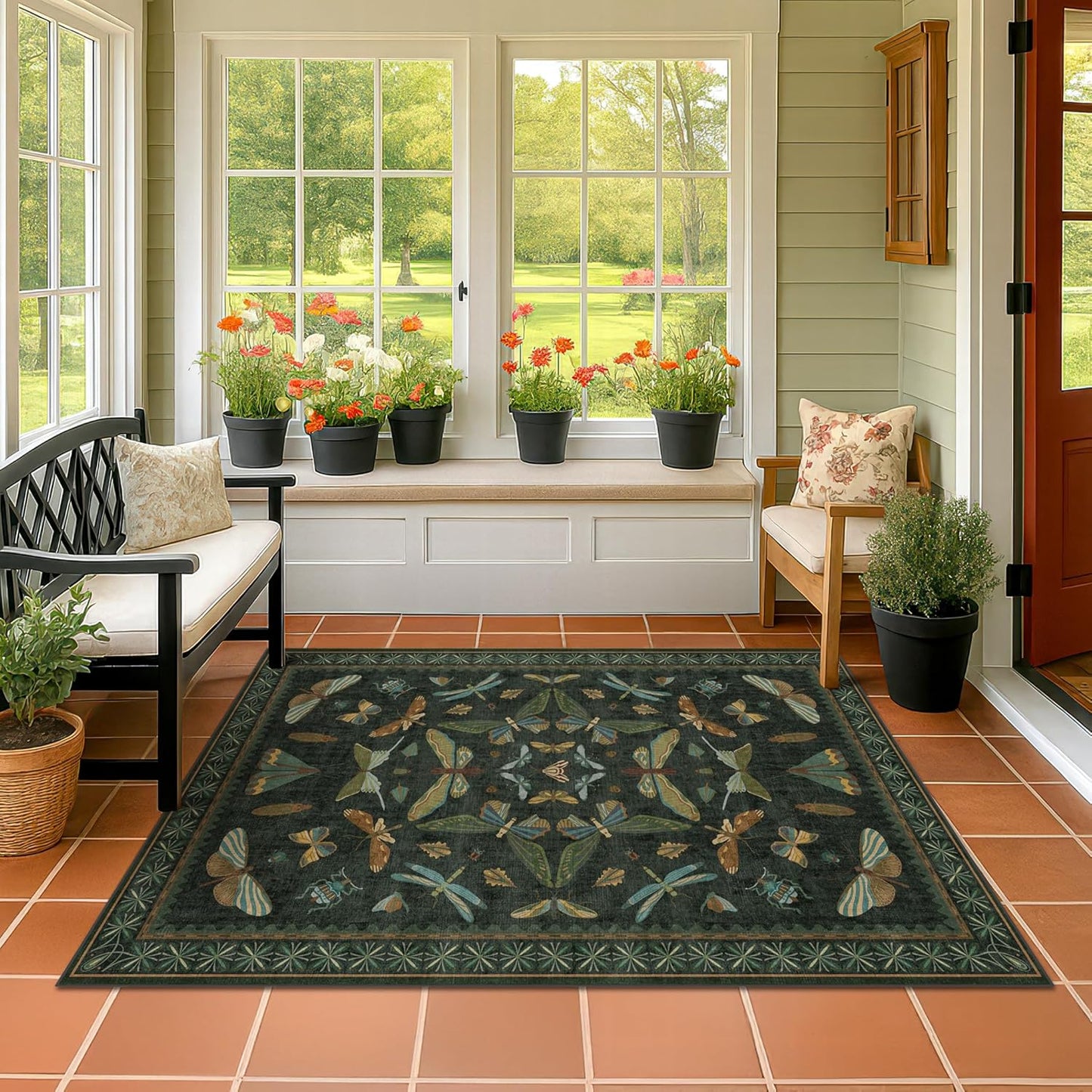Dark Green 4x6 Washable Area Rug for Living Room, Bedroom, Large Entryway, Kitchen, Ultra Soft Non Slip Stain Resistance, Floral Forest with Brown Aethestic Design