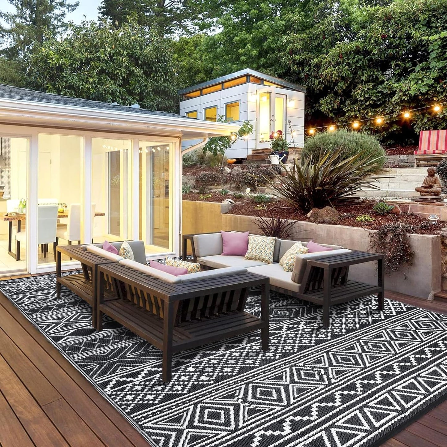 GAOMON Outdoor Rugs Patio Camping Waterproof Rug 6'x9' Plastic Straw Patio Rug Portable for Campers, Outside RVs Mat for Patios Clearance, Backyard Porch, Balcony, Black/White(Bohemia)