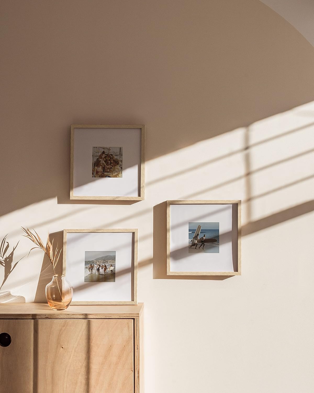 HAUS AND HUES Solid Oak Wood 10”x10” Picture Frames Matted to 5”x5” Set of 3 - Minimalist 10x10 Frame Set, 10x10 Picture Frames, 3 Picture Frame Set for Posters (Beige Oak Frames)