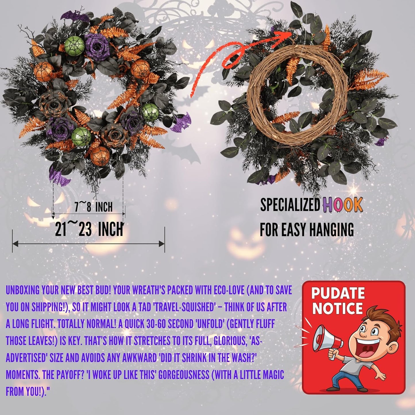 22 Inch Halloween Wreath for Front Door, Spooky Black & Purple Glitter Rose Wreath with Bats & Ornaments, Outdoor Halloween Decorations