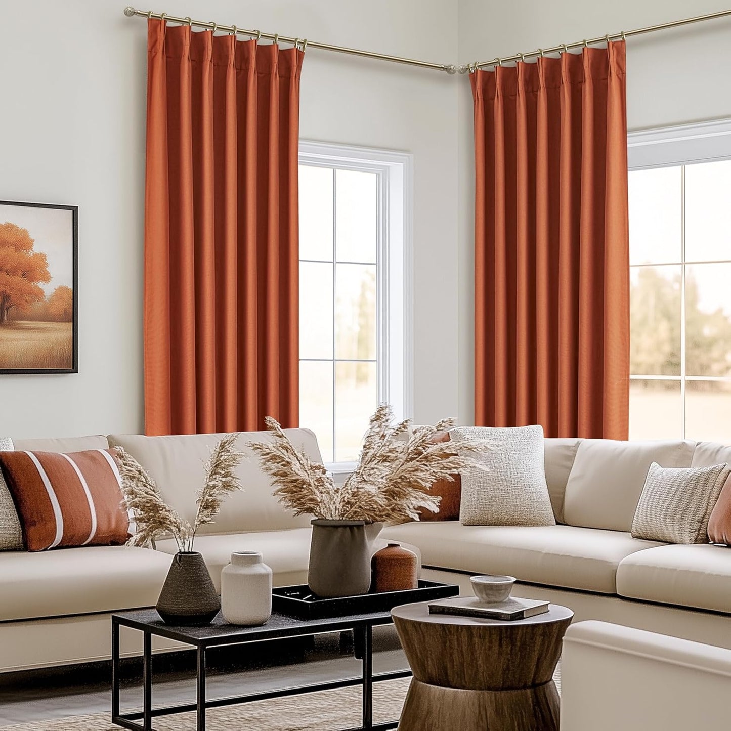 Fall Burnt Orange Curtains Pinch Pleated Blackout 108 Inches Long 2 Panels Set,Terracotta Autumn Color Decor Retro for Living Room Antique Copper Rust Boho 70s Window Linen Drapes (W40"xL108")