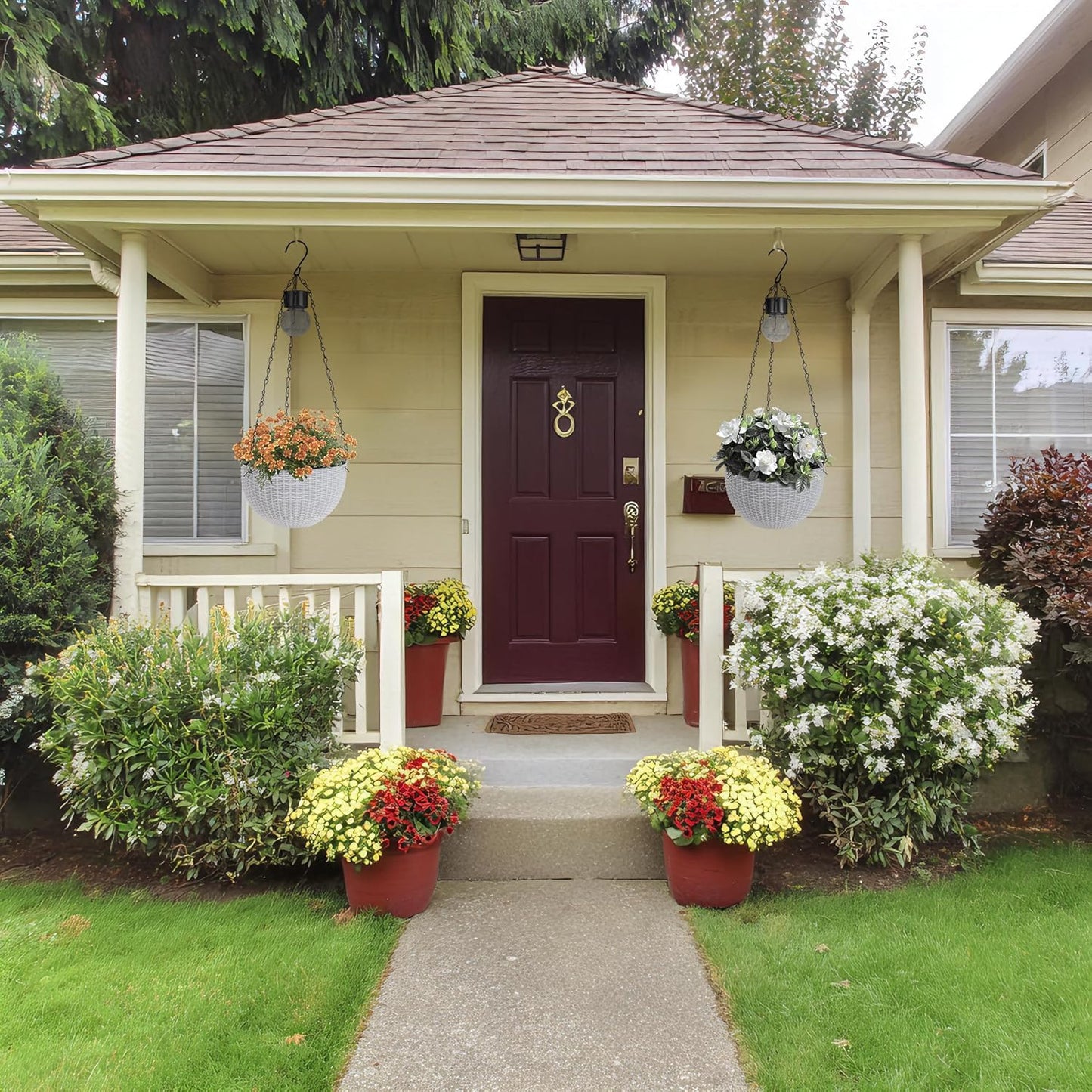 Hanging Pots for Plants Outdoor - 2 Pack White Artificial Rattan Solar Flower Baskets with Drainage Holes & Removable Tray, Garden Gifts for Women/Mothers, Porch, Balcony Decor