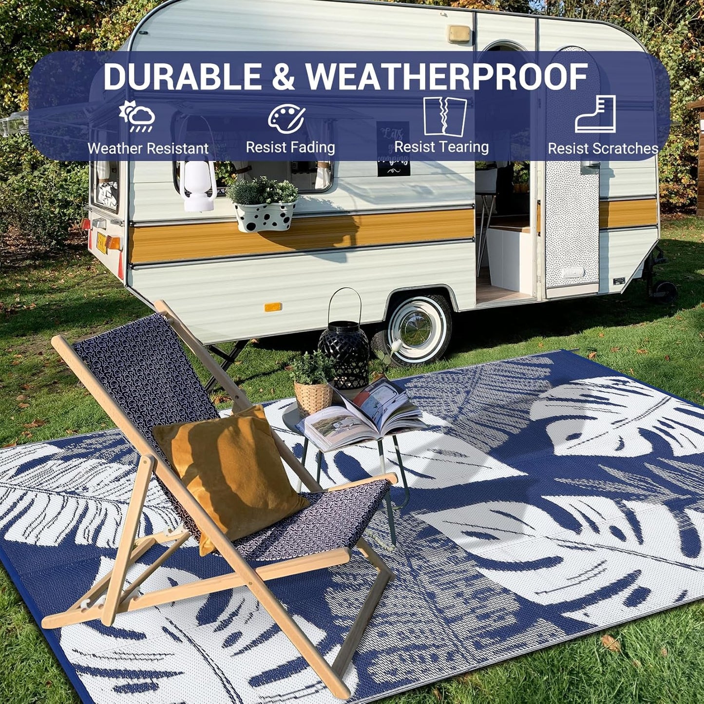 GAOMON Outdoor Plastic Straw Rug 9x18 Waterproof Patio Rug Reversible Camping Mat, Foldable Portable RV Picnic Carpet with Bag & 4 Stakes, UV Resistant Outside Carpet for Deck Balcony, Blue