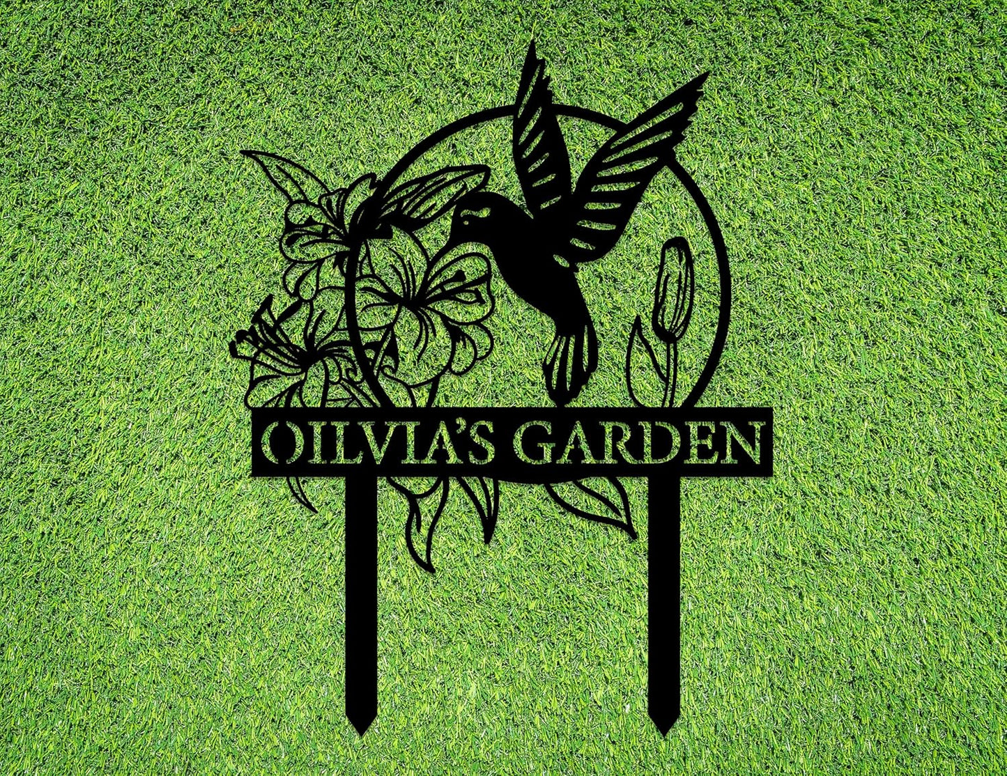 Custom Hummingbird Metal Garden Decor, Personalized Bird with Stakes Garden Sign, Flower Design Personalized Garden Sign, Custom Garden Name Sign, Home Gift, Large Outdoor Decor, Patio Decor
