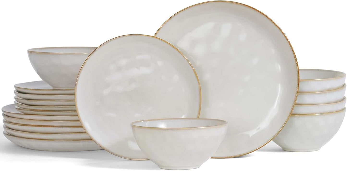 Famiware Ocean Round Plates and Bowls Set, 18 Pieces Dinnerware Sets, Dishes Set for 6, Reactive Glaze, Microwave and Dishwasher Safe, Scratch Resistant, Cappuccino White