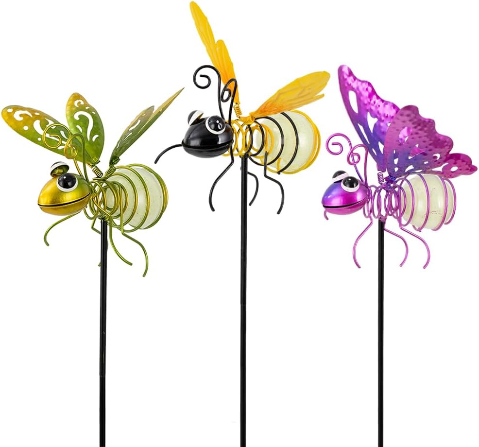 Garden Decor for Outside,3 Pcs Luminous Insect Garden Decorative Stakes,Glow in The Dark Bee Lights Metal Yard Art,Waterproof Outdoor Spring Lawn Patio Pathway Decoration for Mom,Women,Grandma