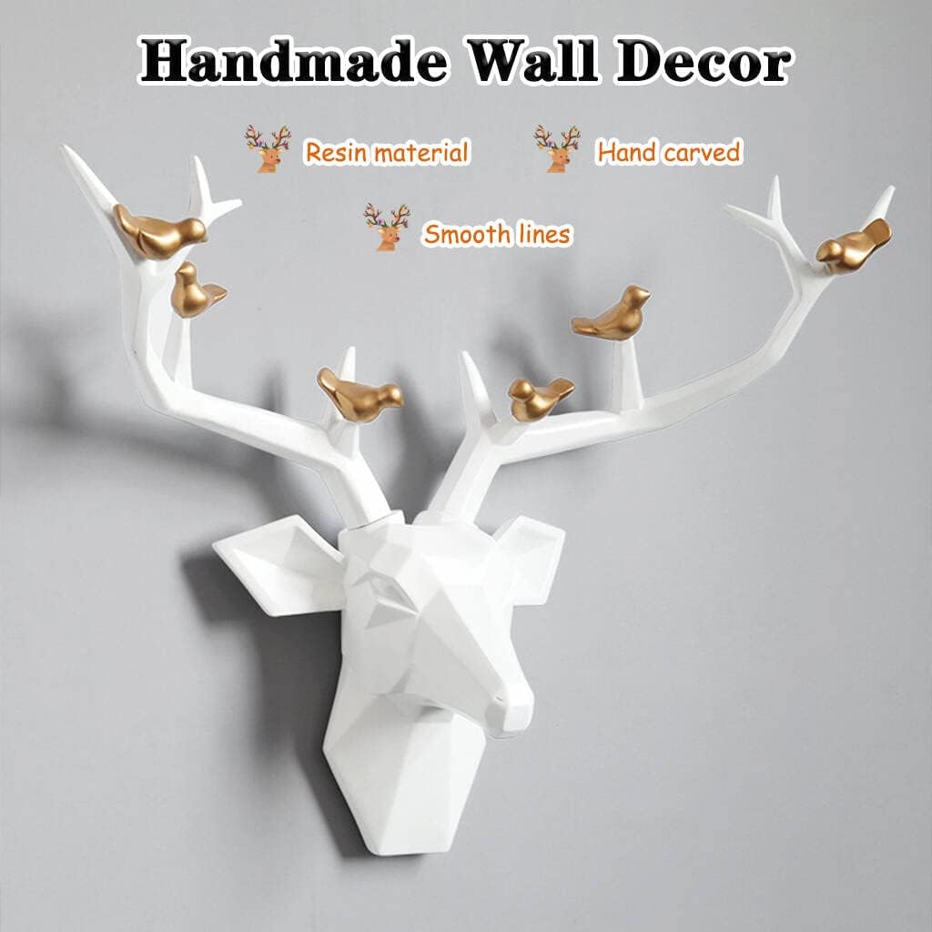 Deer Head Wall Decor Geometric Rustic Wall Mounted Deer Head, Faux Taxidermy Animal Head Wall Art Pendant, Handmade Resin Head Sculptures for Porch, Detachable Antlers, 6 Styles(White,21.8x15.7IN)