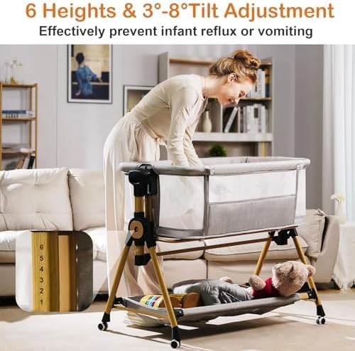 3 in 1 Baby Bassinet,Bedside/Rocking Bassinet for Baby,Bedside Crib with Lockable Wheels,Waterproof Mattress,Adjustable 6 Heights,Portable Bassinets Bedside Sleeper for Newborn Infant