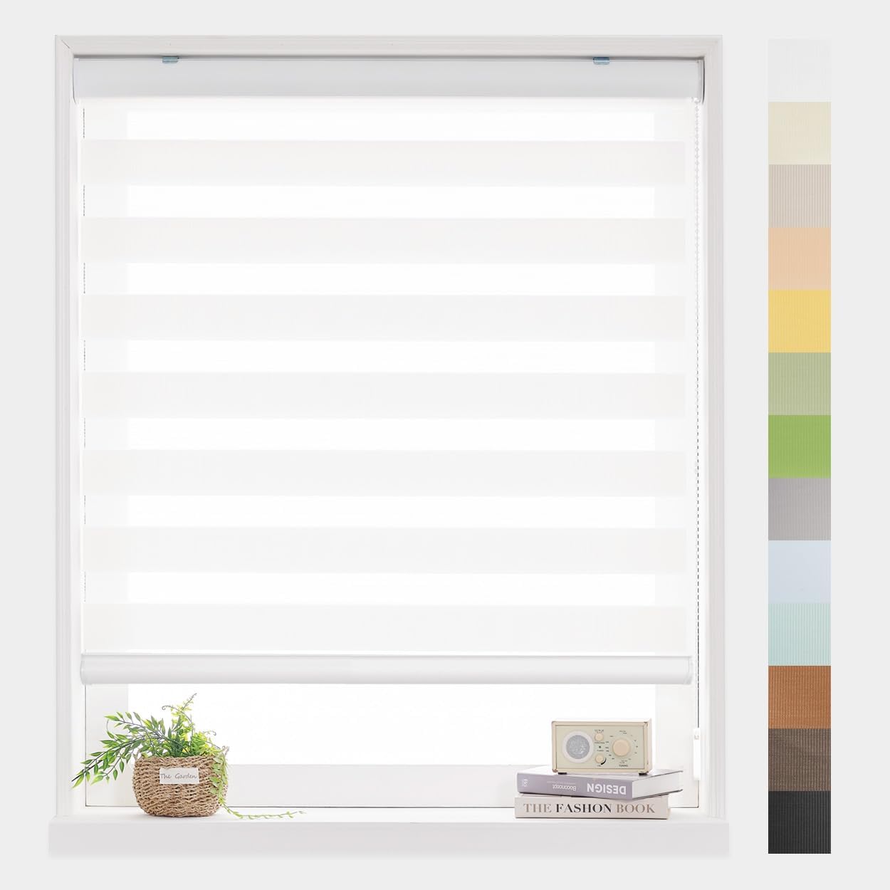 Foiresoft Standard Zebra Roller Blinds for Windows [W48 x H64 Inch, White, Basic], Light Filtering Dual Layer Shades for Bedroom, Living Room, Office, 13 Colors