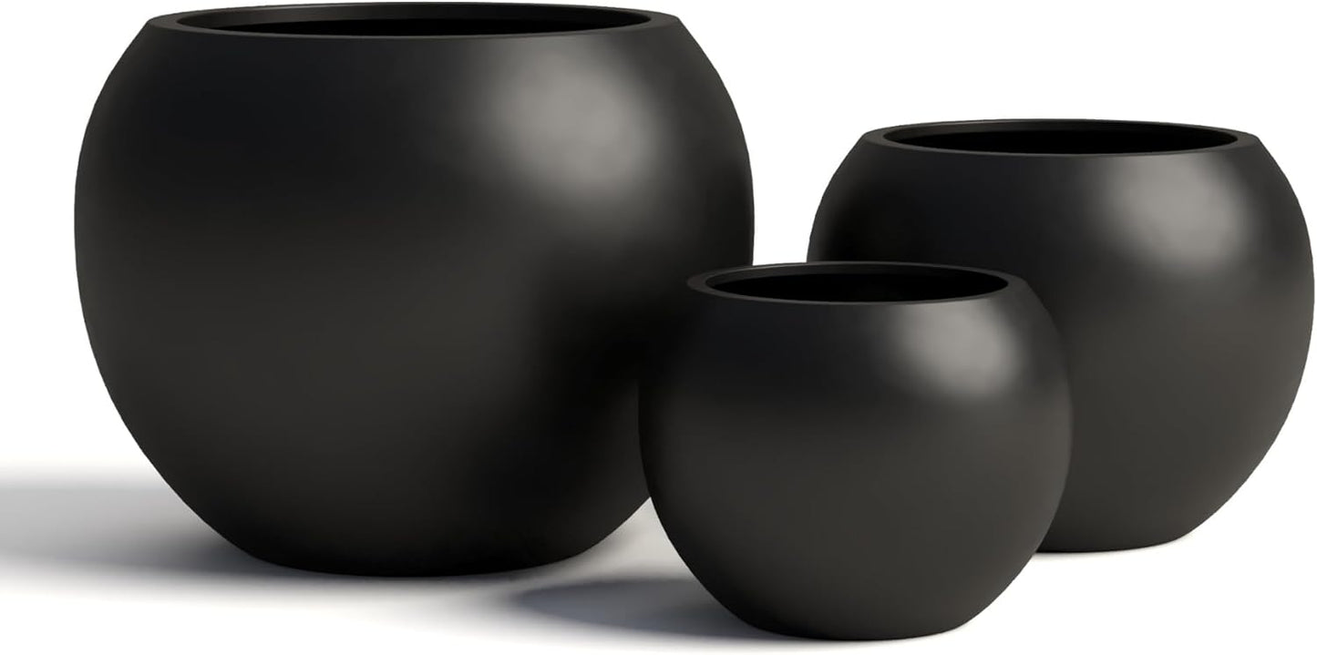 DTY Signature Mount Sherman Lightweight Durable Modern Fiberstone Sphere Planter for Indoor & Outdoor Drainage Hole & Rubber Plug Weather Resistant, 17" H x 21" Dia 14.4" Pot Opening - Large, Black