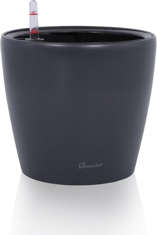 Dexceder 9x8 Inches Self Watering Planter Indoor Outdoor, Inner Pot Design, Thickened Table Flower Plant Pot with Water Level Indicator (Slate Gray Matte)