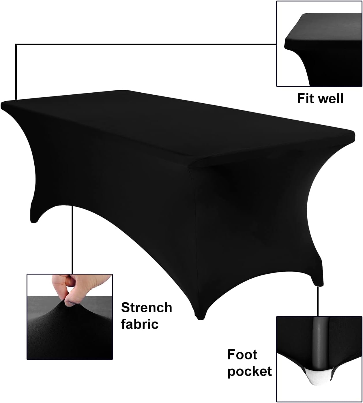2Pack Spandex Waterproof Table Covers 8ft，Spandex 8ft Waterproof Table Cover for Party,Wedding, Banquet, and Events(Black)