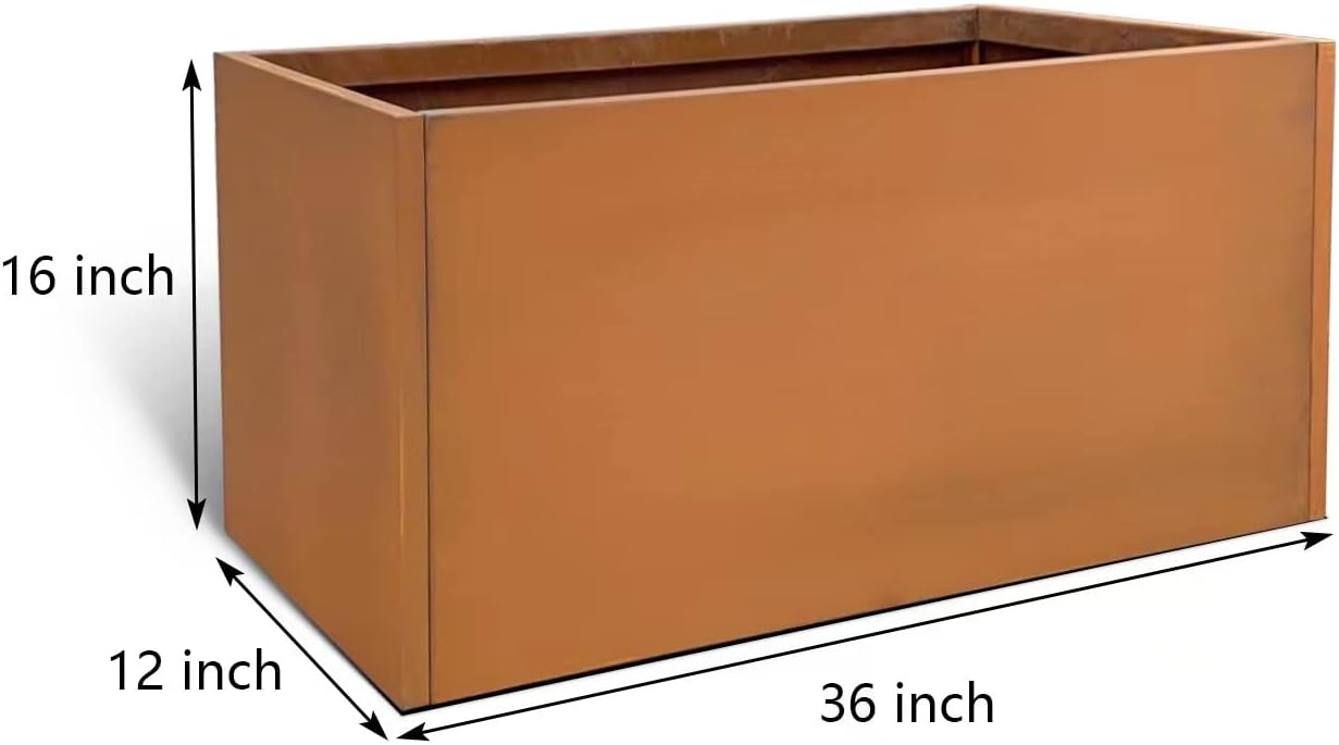 Corten Steel Planter Box Metal Outdoor Large Rectangular Rustic Durable Antique Detached for Commercial Residential Patio Deck and Backyard 36" x 12" x 16"
