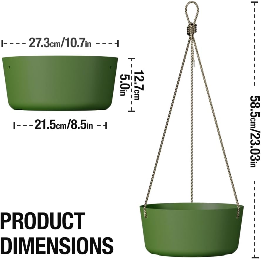 10.7 Inch Hanging Planter for Outdoor Indoor Plants，2 Pack Hanging Flower Pots with Drain Holes for Garden Home Decor Use (Dark Green)