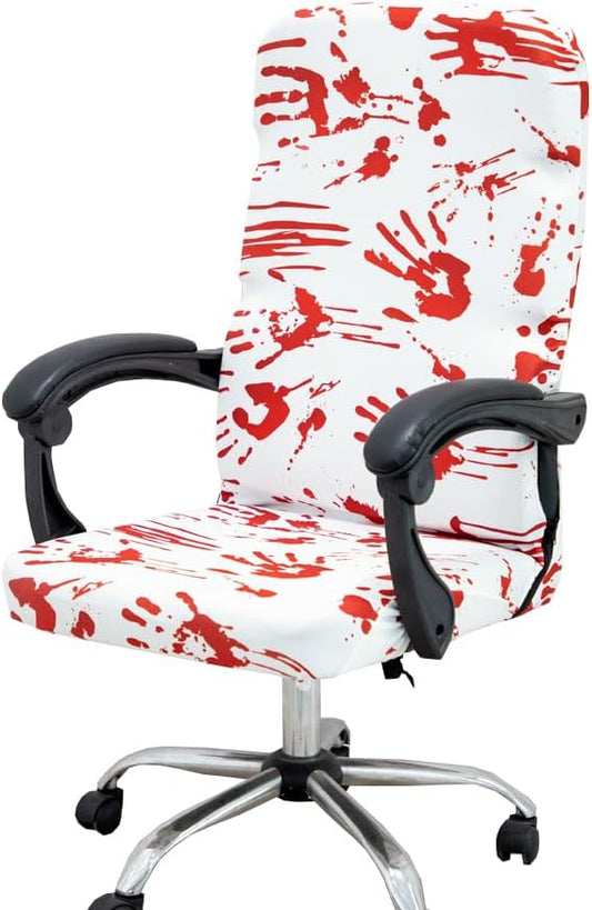 Halloween Office Chair Covers - Horror Bloody Handprints Footprints on White - Stretchable Slipcover for Modern Simplism Style High Back Boss Chair - Machine Washable - Size M