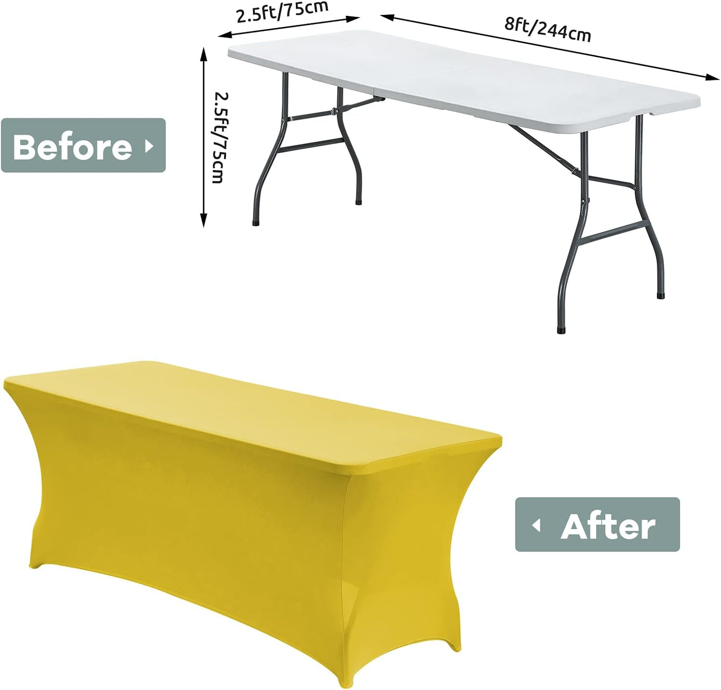 CWK 8FT Waterproof Stretch Spandex Table Cover for Rectangular Tables - Elastic Fitted Tablecloth for Folding Tables,Wrinkle Resistant Table Cloth for Parties, Weddings, Banquets & Events(Yellow)