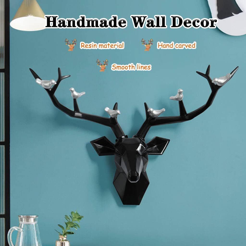 Deer Head Wall Decor Geometric Rustic Wall Mounted Deer Head, Faux Taxidermy Animal Head Wall Art Pendant, Handmade Resin Head Sculptures for Porch, Detachable Antlers, 6 Styles(Black,21.8x15.7IN)