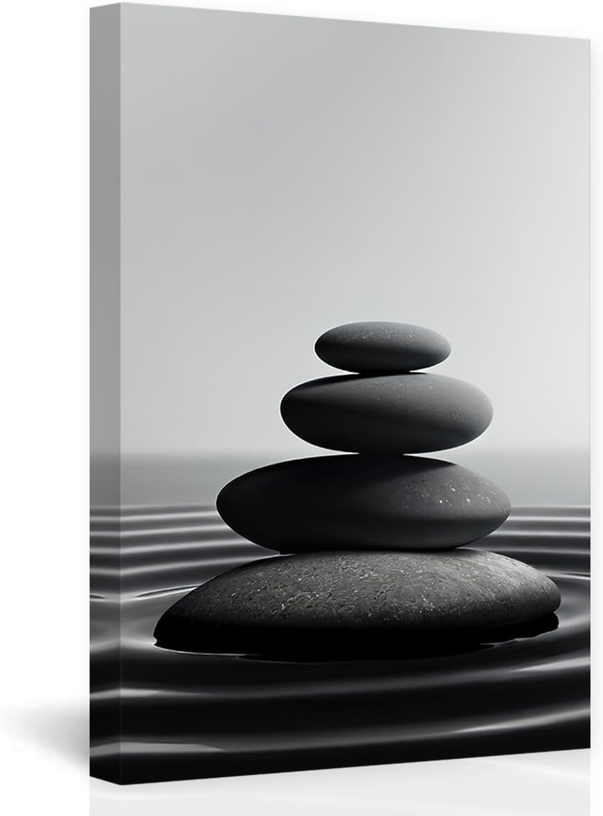 DOARTDO Zen Stone Canvas Wall Art Black and White Spa Stones Picture Print Modern Meditation Spirit Bathroom Decor Frame (16.00" x 24.00", Zen Stone - 1)