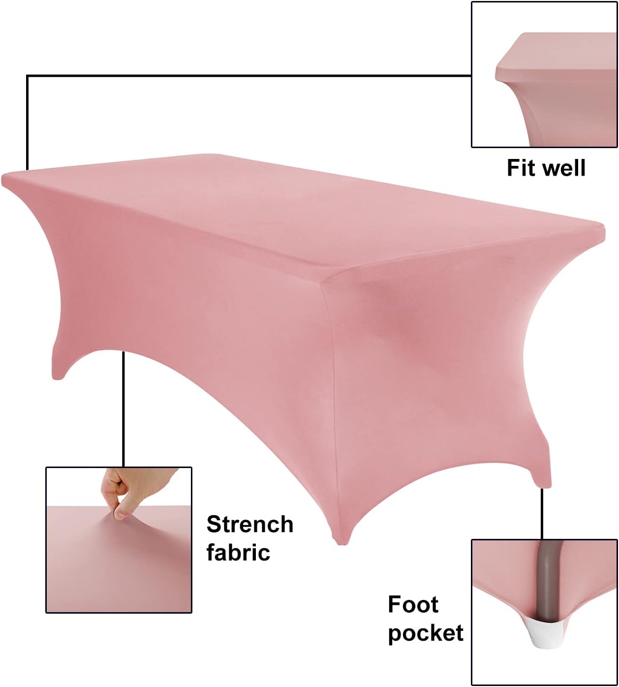 2Pack Spandex Waterproof Table Covers 8ft，Spandex 8ft Waterproof Table Cover for Party,Wedding, Banquet, and Events(Dusty Pink)