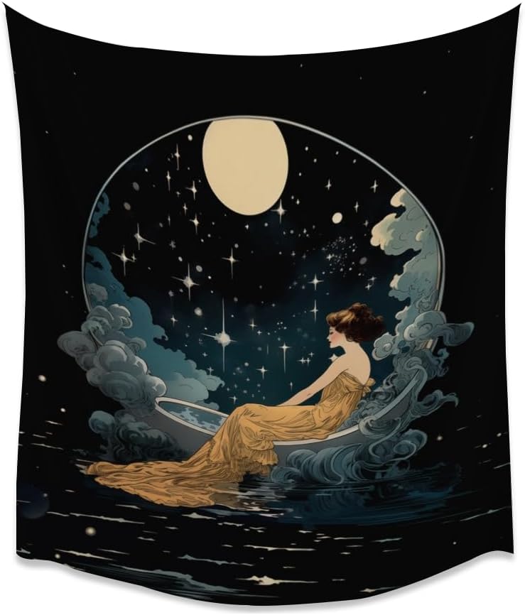 Dark Academia Tapestry Celestial Moonlit Bathing Lady Print Trendy Aesthetic Gothic Wall Hanging Vintage Art Nouveau Tapestries Wall Decor for Bedroom Living Room Dorm 60x80inch