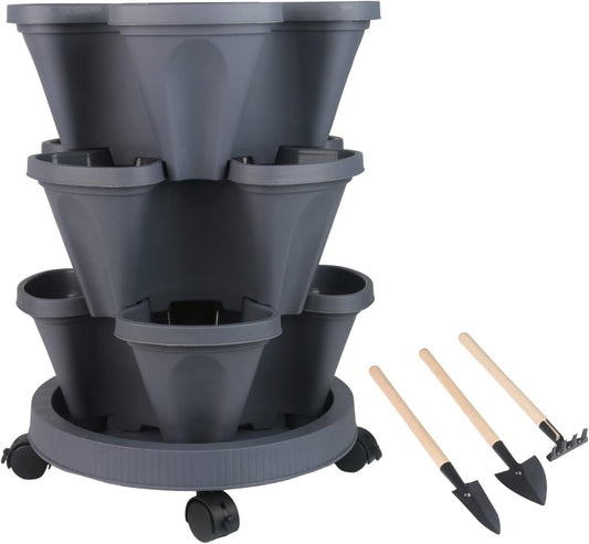 DUNCHATY Stackable Planter, Vertical Garden Planter with Wheels and Tools, Self Watering Strawberry Planter Indoor/Outdoor 3 Tier Herb Planter Pots for Growing Vegetables and Succulents, Dark Gray