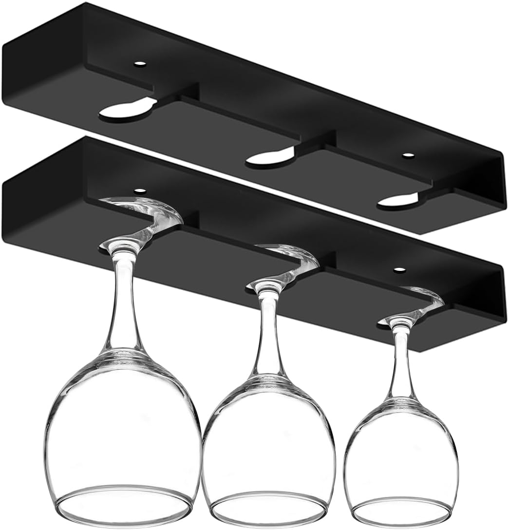 2Pack Wine Glass Holder Under Cabinet Shelf,Plastic Wine Glass Rack Stemware Drying Storage Hanger for Kitchen,Bar and Restaurant(Black)